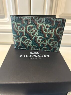 Coach Men's Bi-Fold Card Holder in Teal and Brown Signature Print